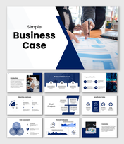 Simple Business Case Blue Corporate Slides With Charts, Cost Analysis, Risk Icons, Clean Text Blocks.