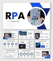 RPA Business Case Blue Corporate Slides With ROI Charts, Process Icons, Roadmap, Financial Graphs.