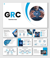 GRC Business Case Blue Corporate Slides With Risk Charts, Governance Icons, ROI Graphs, Clean Layout.