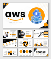 AWS Business Case orange and black corporate slides with cloud icon, ROI charts, roadmap, and clean strategy sections.