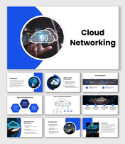 Cloud networking blue slides with cloud icons, network flow diagram, security icons, and modern tech visuals.