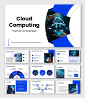 Cloud Computing Theme For Business slides with blue layout, cloud visuals, icons, charts, diagrams, and clear text sections.