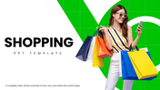 shopping slide with woman, phone, bags, green grid shapes, icons, and structured text holders.