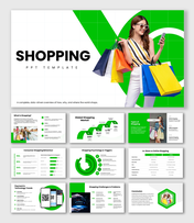 shopping slide with woman, phone, bags, green grid shapes, icons, and structured text holders.
