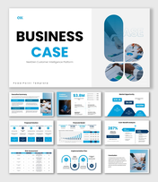 Business case slide showing four sections with icons and captions outlining various areas for content.