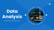 data analysis slides, blue theme, dashboard charts, circle shapes, icons, and clean structured text boxes layout.