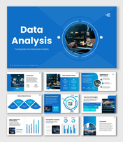 data analysis slides, blue theme, dashboard charts, circle shapes, icons, and clean structured text boxes layout.