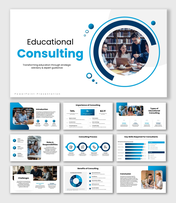 Educational Consulting presentation with blue circles, academic visuals, charts, icons, and clean layouts.