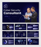 Cyber Security Consultant presentation with dark blue graphics, security icons, charts, and tech layouts.