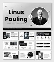 Linus Pauling presentation with grayscale portraits, science icons, timelines, and biography layouts.