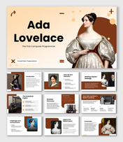 Ada Lovelace presentation with vintage portraits, coding icons, timelines, and beige infographic layouts.
