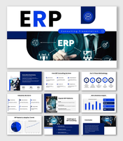 ERP Consulting presentation with blue dashboards, workflow icons, charts, and business infographic layouts.
