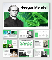 Gregor Mendel presentation with green DNA graphics, scientist portraits, and genetics infographic layouts.