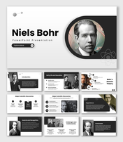 Niels Bohr presentation with atomic graphics, scientist portraits, and physics infographic layouts.