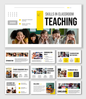Skills In Classroom Teaching with student visuals, yellow-black layouts, skill sections, and modern shapes design