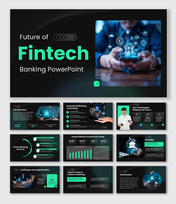 Future Of Fintech And Banking with mobile banking visuals, green accents, charts, icons, and dark layouts.