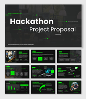 Hackathon Project Proposal with coding workspace, green accents, charts, roadmap, and layouts.