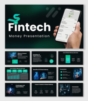 Fintech Money with mobile payment visuals, teal accents, KPI charts, fintech icons, and dark layouts.