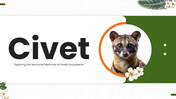 Civet wildlife template with green theme, circular photo, floral accents, text holders, and nature layout. - slide 1