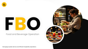 Food And Beverage Operations with chef images, black-yellow theme, circular shapes, text holders, hospitality layout. - slide 1