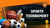 Sports Tournament Bracket with sports balls, trophy, orange graphics, bracket layout, and text holders. - slide 1