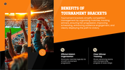 Sports Tournament Bracket with sports balls, trophy, orange graphics, bracket layout, and text holders. - slide 4