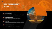 Sports Tournament Bracket with sports balls, trophy, orange graphics, bracket layout, and text holders. - slide 8