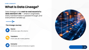 Data Lineage with blue workflow, data flow visuals, icons, process steps, and editable text holders. - slide 2