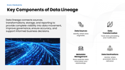 Data Lineage with blue workflow, data flow visuals, icons, process steps, and editable text holders. - slide 5
