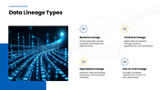 Data Lineage with blue workflow, data flow visuals, icons, process steps, and editable text holders. - slide 9