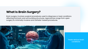 Brain Surgery deck with brain images, blue accents, text boxes, circles, icons, charts, timelines - slide 2