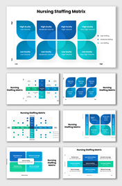 Nursing Staffing Matrix with blue-teal blocks, staffing levels, patient acuity, volume scales, grids, and labels.