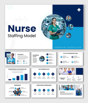 Nurse Staffing Model with blue accents, nurse photos, staffing charts, icons, process diagrams, shapes, and text boxes.