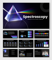 Spectroscopy with prism visuals, rainbow light, spectrum charts, dark panels, purple accents, icons, and text boxes.