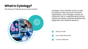 Cytology with teal accents, cell images, microscope visuals, workflow diagrams, charts, icons, and text boxes. - slide 2