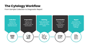 Cytology with teal accents, cell images, microscope visuals, workflow diagrams, charts, icons, and text boxes. - slide 5