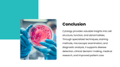 Cytology with teal accents, cell images, microscope visuals, workflow diagrams, charts, icons, and text boxes. - slide 10