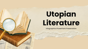 Utopian Literature Infographics with beige tones, book visuals, timelines, charts, icons, shapes, and text boxes. - slide 1