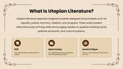 Utopian Literature Infographics with beige tones, book visuals, timelines, charts, icons, shapes, and text boxes. - slide 2