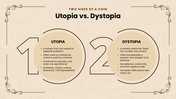 Utopian Literature Infographics with beige tones, book visuals, timelines, charts, icons, shapes, and text boxes. - slide 6