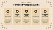 Utopian Literature Infographics with beige tones, book visuals, timelines, charts, icons, shapes, and text boxes. - slide 7
