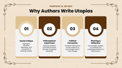 Utopian Literature Infographics with beige tones, book visuals, timelines, charts, icons, shapes, and text boxes. - slide 8