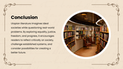 Utopian Literature Infographics with beige tones, book visuals, timelines, charts, icons, shapes, and text boxes. - slide 10
