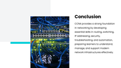 CCNA with blue-teal accents, network diagrams, OSI layers, IP tables, device icons, charts, and text boxes. - slide 10