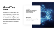 Hexagram with Yin-Yang lines, blue shapes, formation diagrams, cultural icons, charts, and text boxes. - slide 5