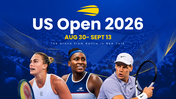 US Open 2026 with tennis players, blue-yellow theme, tournament schedules, timeline, prize charts, and text boxes. - slide 1
