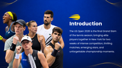 US Open 2026 with tennis players, blue-yellow theme, tournament schedules, timeline, prize charts, and text boxes. - slide 2