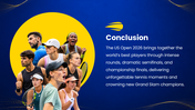 US Open 2026 with tennis players, blue-yellow theme, tournament schedules, timeline, prize charts, and text boxes. - slide 14