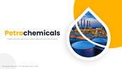 Petrochemicals with refinery photos, orange accents, product icons, market charts, process graphics, and text panels. - slide 1