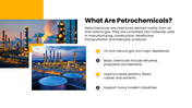Petrochemicals with refinery photos, orange accents, product icons, market charts, process graphics, and text panels. - slide 2